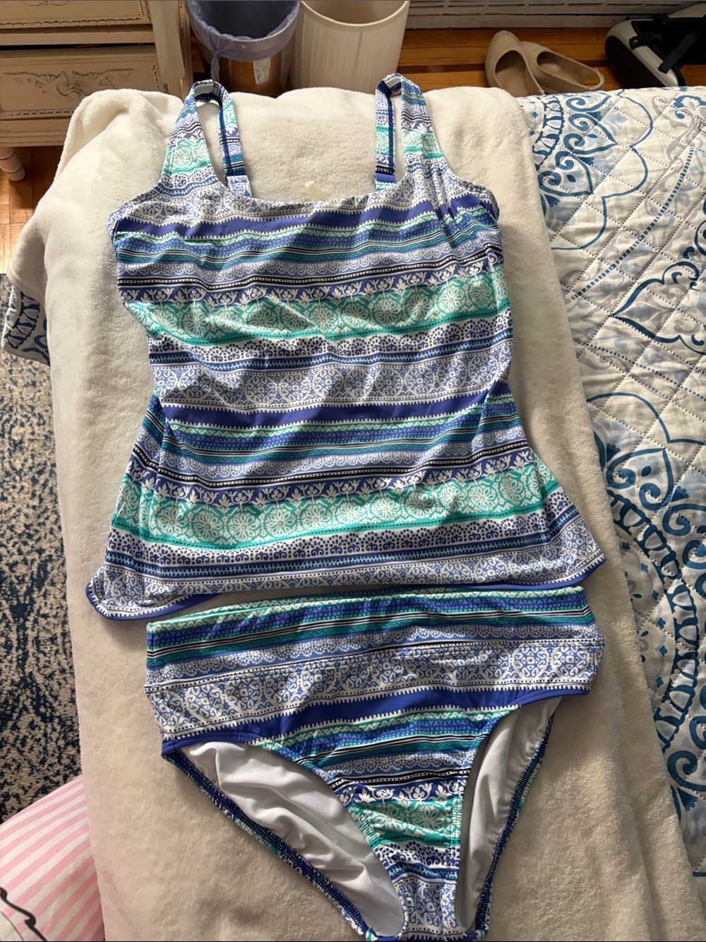Lands' End Teal and Blue Floral Trim Swimwear